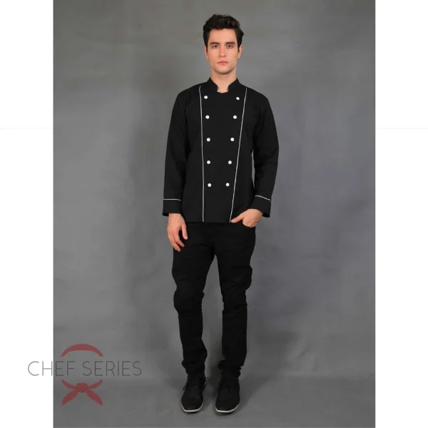 Chef Series Basic Tangan Panjang Baju Koki - Hitam Garis Putih - Image 3