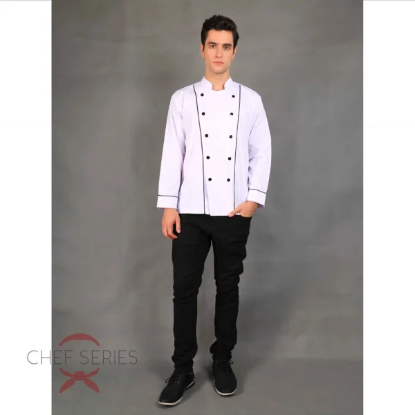 Chef Series Basic Tangan Panjang Baju Koki -  Putih Garis Hitam - Image 2