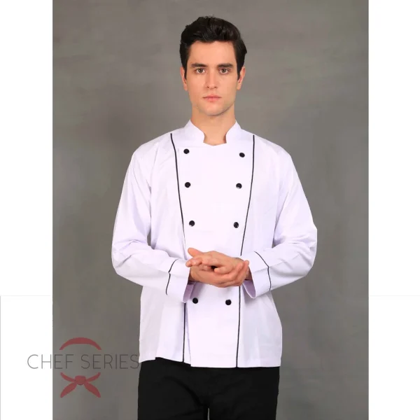 Chef Series Basic Tangan Panjang Baju Koki -  Putih Garis Hitam