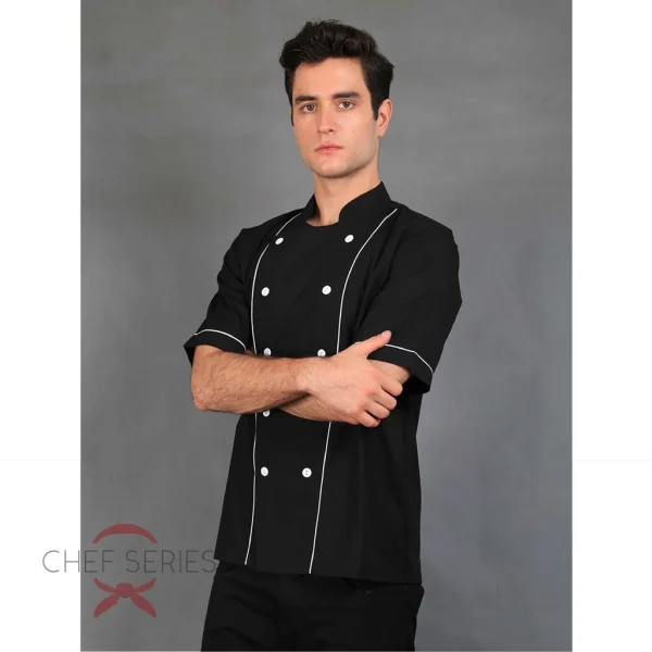 Chef Series Basic Tangan Pendek Baju Koki - Hitam Garis Putih - Image 2