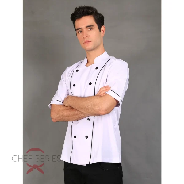 Chef Series Basic Tangan Pendek Baju Koki -  Putih Garis Hitam - Image 2