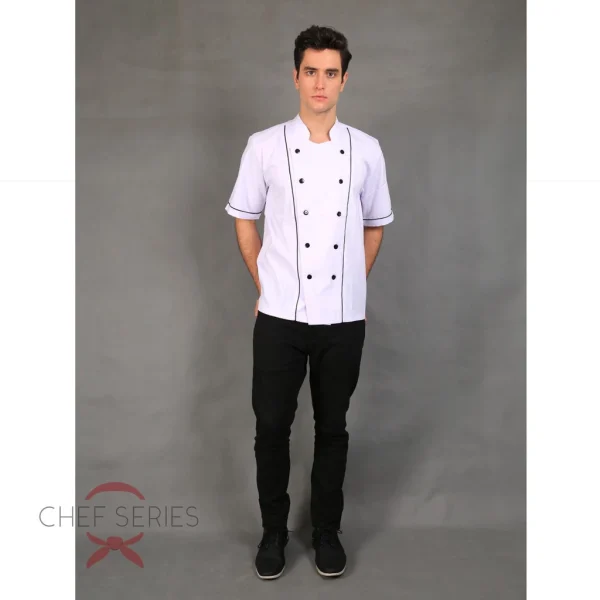 Chef Series Basic Tangan Pendek Baju Koki -  Putih Garis Hitam - Image 3