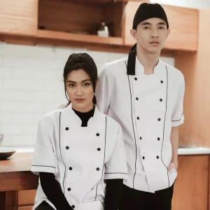 Chef Series Basic Tangan Pendek Baju Koki -  Putih Garis Hitam