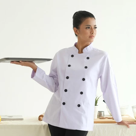 SIMPLE Series Tangan Panjang Baju Koki - Putih Kancing Hitam
