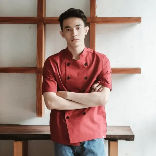 Chef Series SIMPLE Series Tangan Pendek Baju Koki - Merah Tua