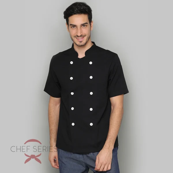 Chef Series SIMPLE Series Tangan Pendek Baju Koki - Hitam Kancing Putih - Image 3